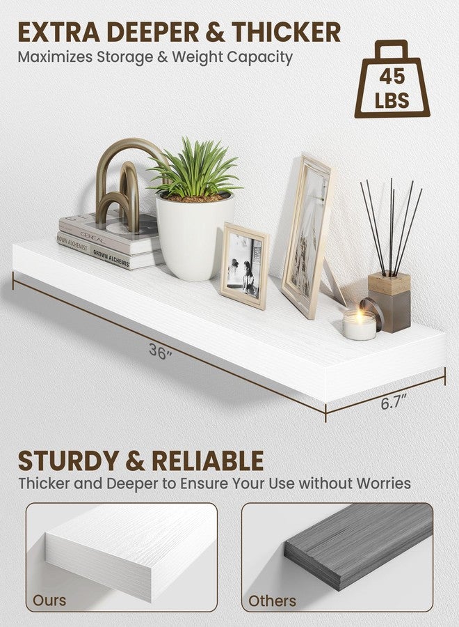 Marsmiles 36" Floating Shelves for Wall, Wooden Shelves with Invisible Brackets Set of 2, Rustic Farmhouse Wall Mounted Shelf for Kitchen Bathroom Living Room Study, White - Image 5